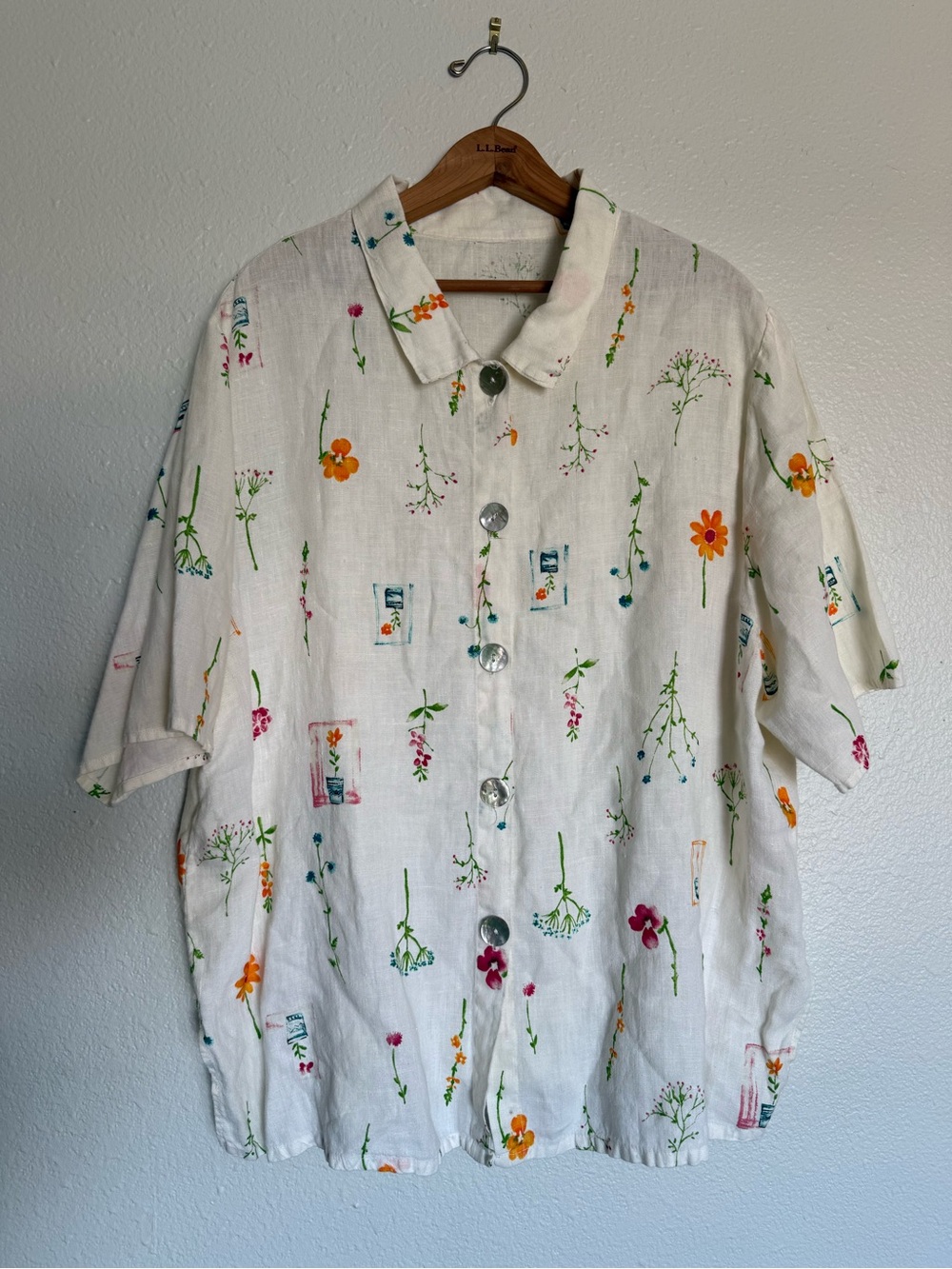 Vintage Linen Garden Print Shirt with Shell Buttons